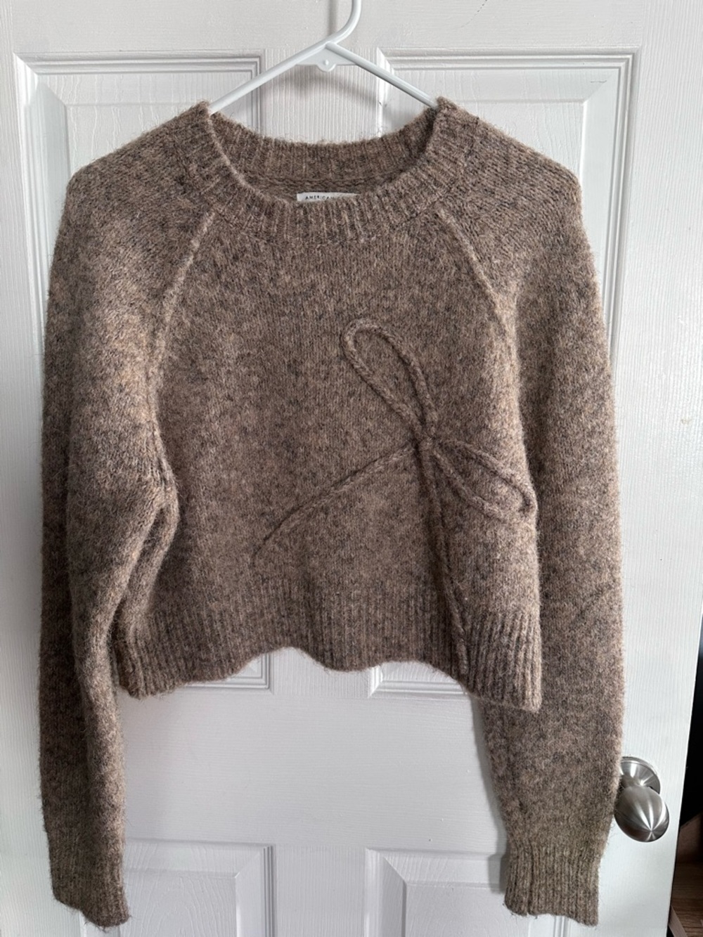 American Eagle Outfitters Taupe Bow-Accent Crewneck Sweater